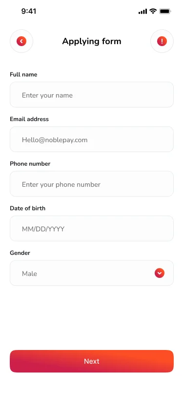 Noble Pay application form asking for full name, email, phone number, date of birth and gender