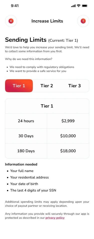 Noble Pay Increase Limits screen showing Tier 1 sending limits over 24 hours, 30 days and 180 days, and the information needed