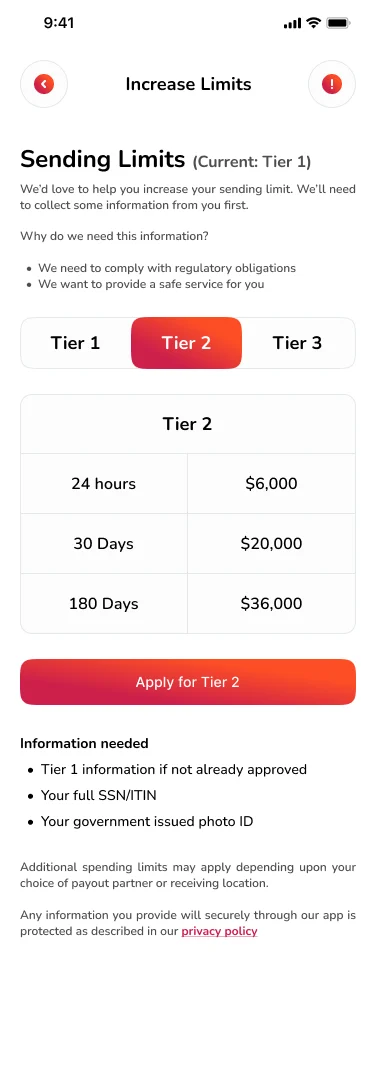 Noble Pay Increase Limits screen showing Tier 2 sending limits, an Apply for Tier 2 button and the information needed