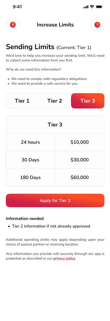 Noble Pay Increase Limits screen showing Tier 3 sending limits and an Apply for Tier 3 button