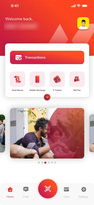 Noble Pay home screen: a welcome header, a transactions button, shortcuts for send money, mobile recharge, e-tickets and bill pay, and a scan button