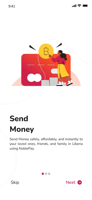 Noble Pay intro screen about sending money to family and friends in Liberia