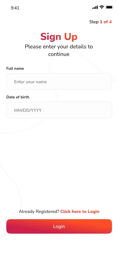 Noble Pay sign-up screen, step 1 of 4, asking for full name and date of birth