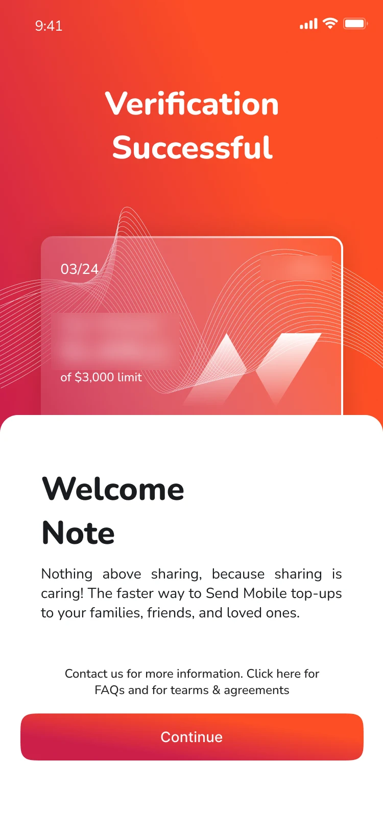 Noble Pay verification successful screen with a card showing a limit. The balance and card digits are blurred