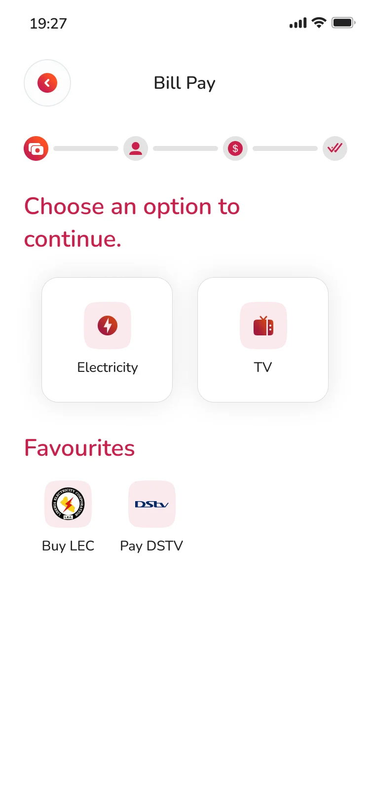 Noble Pay bill pay screen with Electricity and TV options and a Favourites row