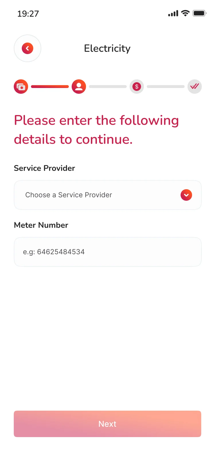Noble Pay electricity screen asking for a service provider and a meter number
