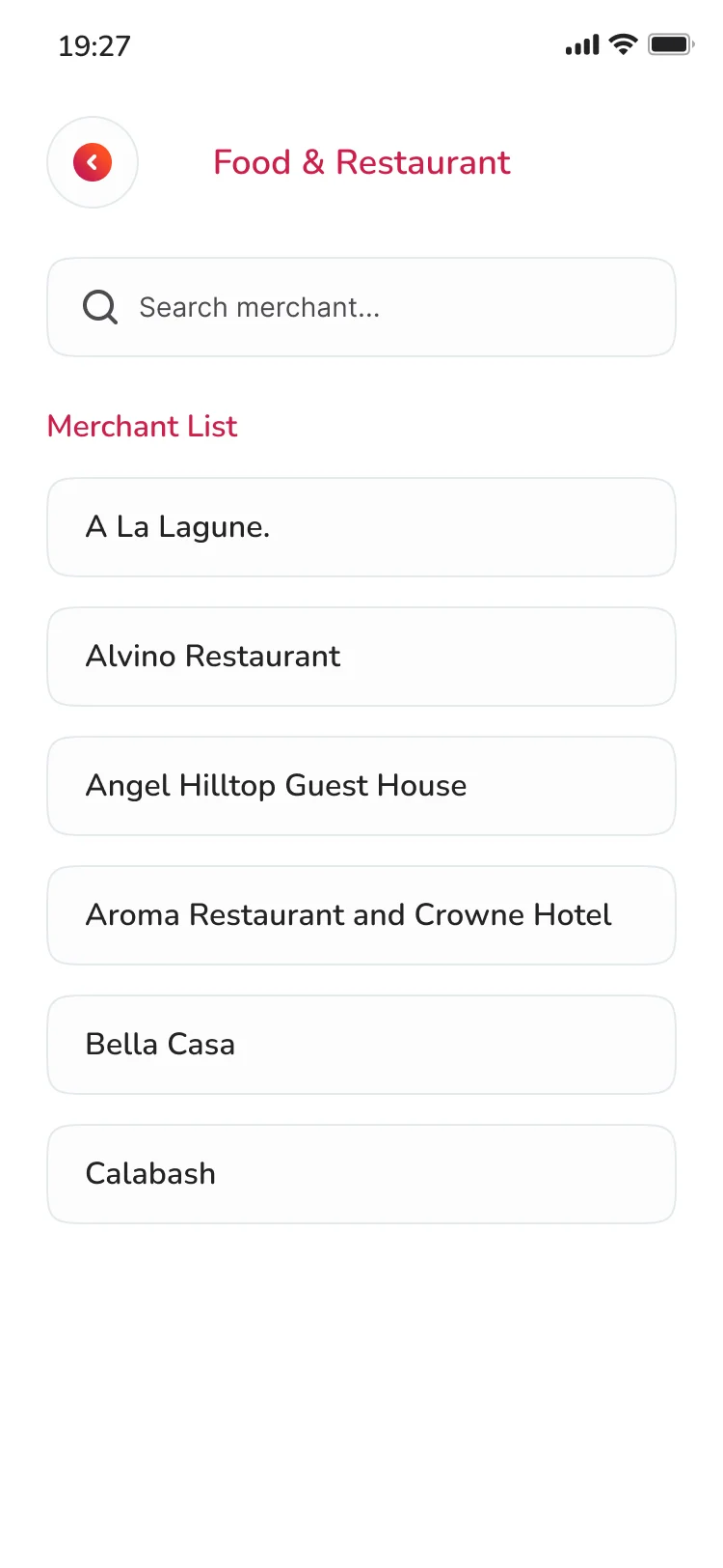 Noble Pay merchant list for Food and Restaurant with a search box