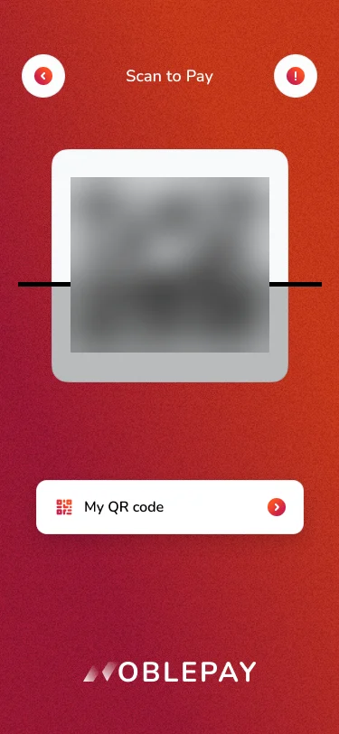 Noble Pay scan to pay screen with a QR scanner area and a My QR code button. The QR code is blurred