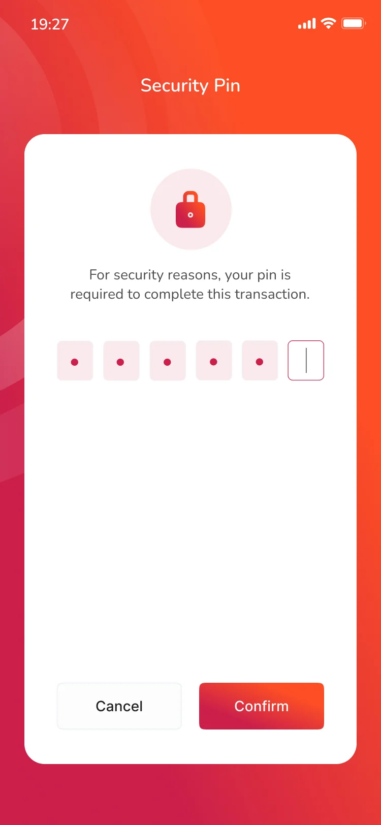 Noble Pay security pin screen asking for a PIN to complete a transaction