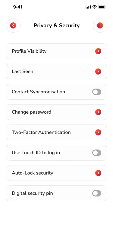 Noble Pay Privacy and Security settings list, including profile visibility, change password, two-factor authentication, Touch ID and auto-lock