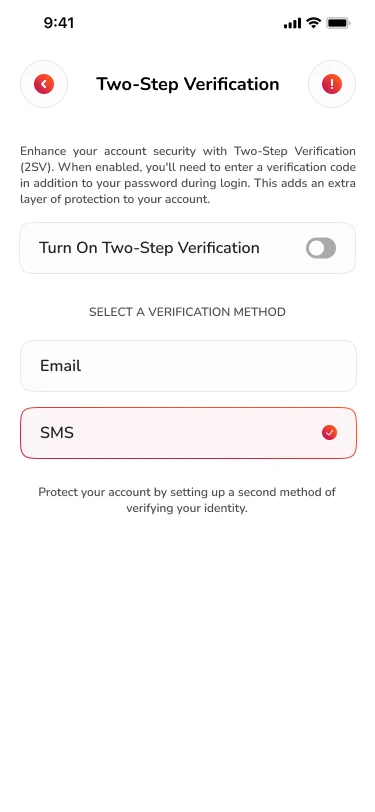 Noble Pay two-step verification screen with a switch and a choice of email or SMS