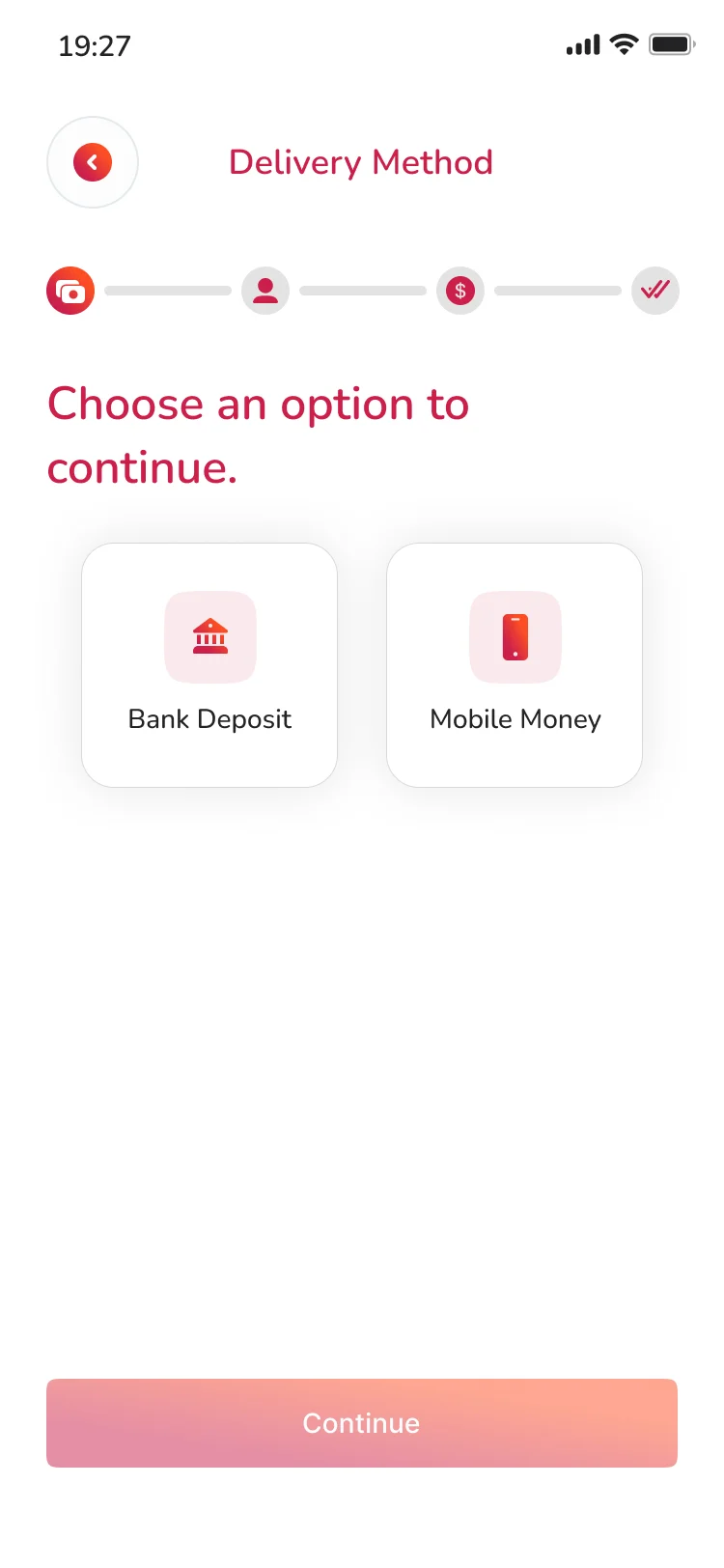 Noble Pay delivery method screen with two options, bank deposit and mobile money, and a progress tracker