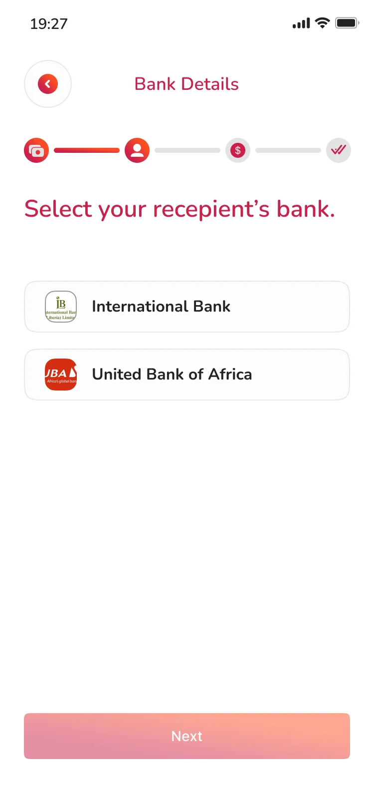 Noble Pay screen asking the user to select the recipient's bank from a list