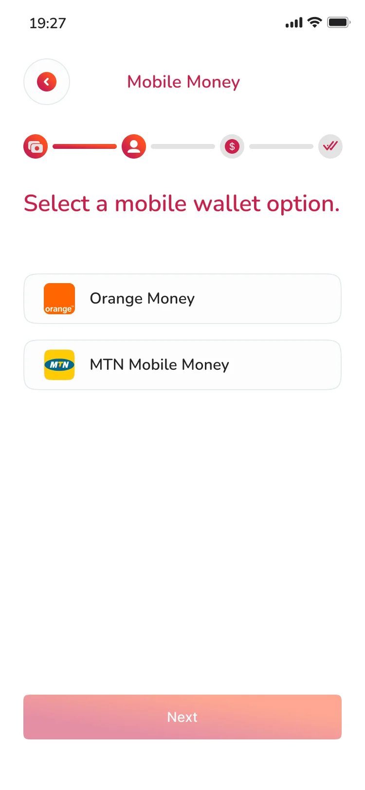 Noble Pay screen asking the user to select a mobile wallet, Orange Money or MTN Mobile Money