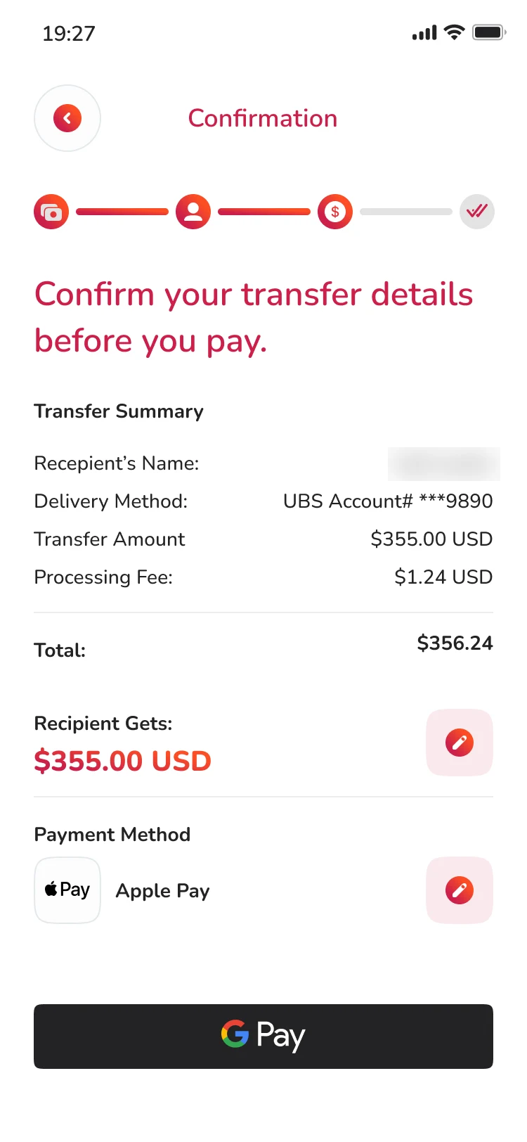 Noble Pay confirmation screen with a transfer summary, the recipient gets amount, the payment method and a Google Pay button. The recipient name is blurred
