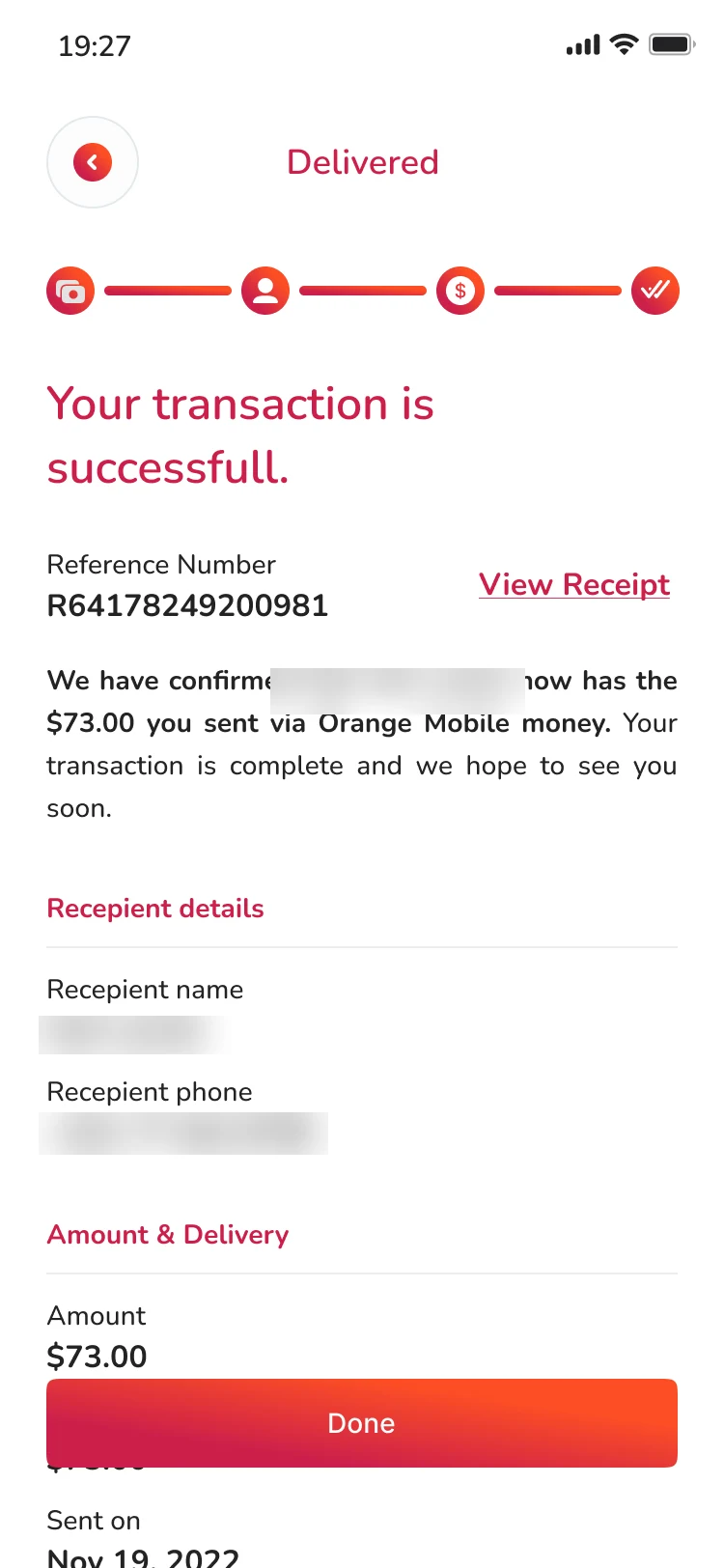Noble Pay delivered screen: a success message, a reference number, a link to the receipt and recipient details. Names and phone number are blurred