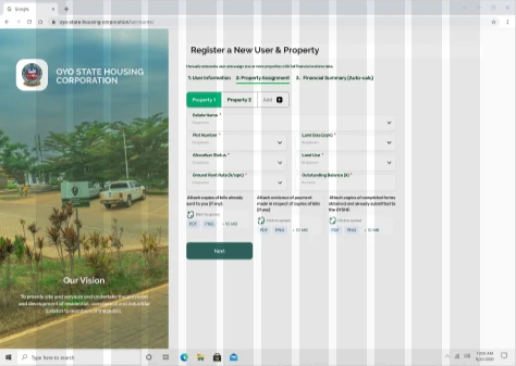 OYSHC web platform: register a new user and property form